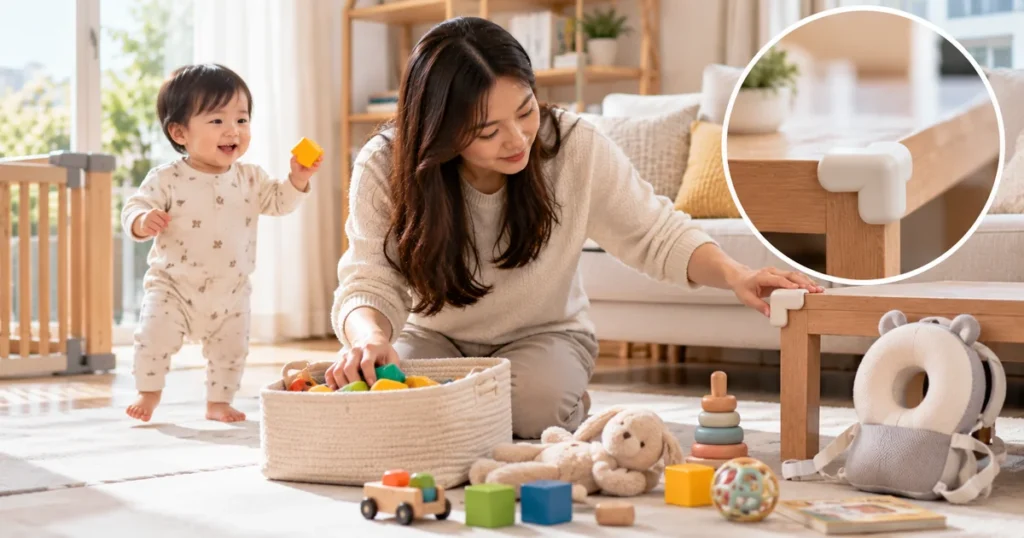 아기 머리 보호대보다 먼저 바닥과 가구의 낙상 위험을 점검하는 보호자