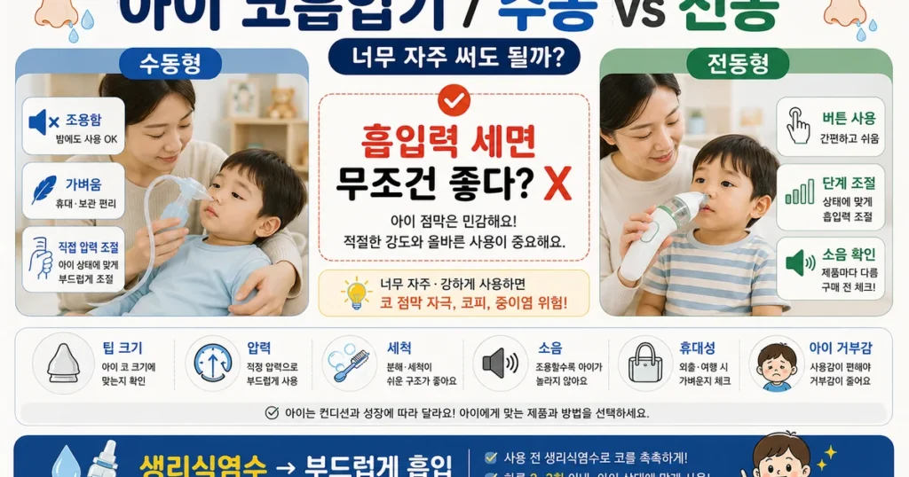 아기 코흡입기 수동형과 전동 콧물흡입기 흡입압 세척 소음 차이 비교