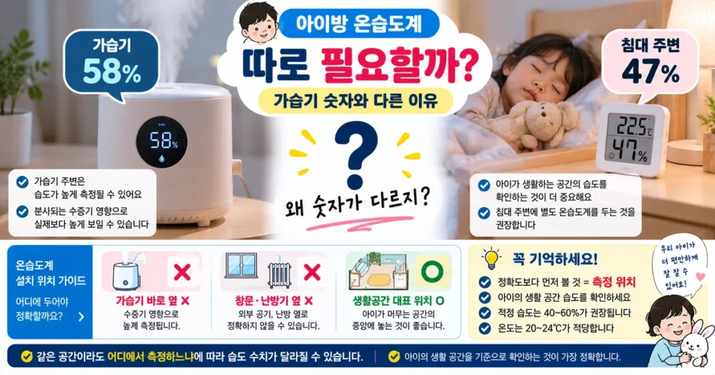 아이방 온습도계 위치와 가습기 습도계 측정값 차이 비교