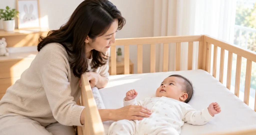 코가 막힌 아기를 베개 없이 평평한 침대에 눕히고 상태를 살피는 보호자