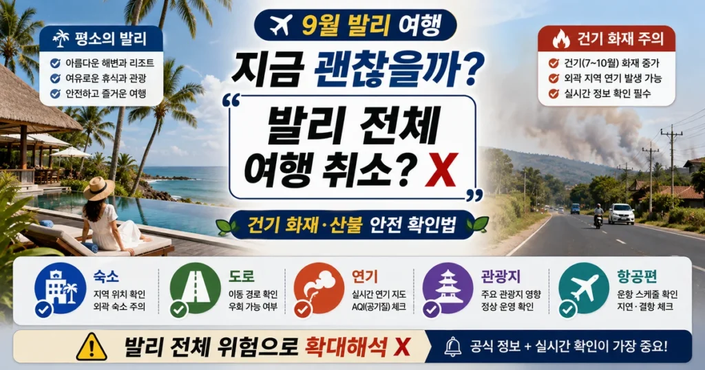 2026 9월 발리 여행 건기 화재 산불 여행 안전 숙소 도로 연기 확인