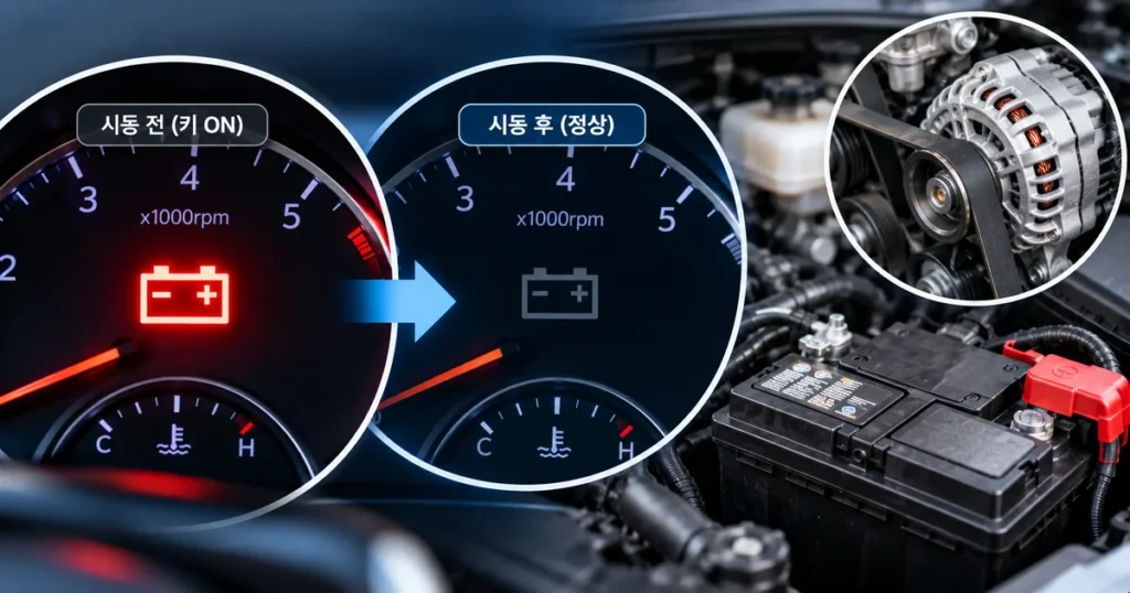 시동 전 자동차 계기판의 빨간 배터리 충전 경고등과 시동 후 소등 여부를 확인하는 모습