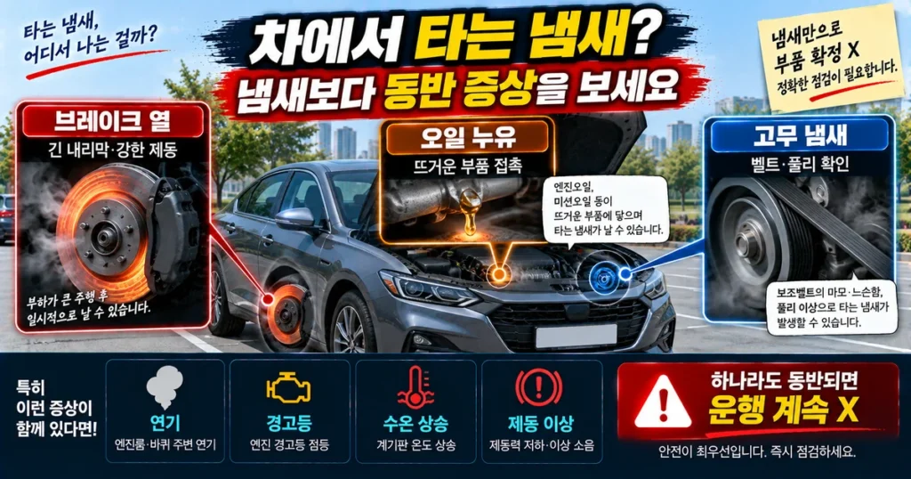 자동차에서 타는 냄새가 날 때 브레이크 고무 오일 냄새와 연기 경고등 수온 상승을 구분하는 방법