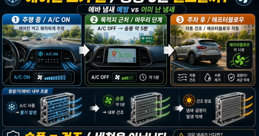 자동차 도착 전 에어컨 A/C를 끄고 송풍해 에바 수분을 건조하는 방법과 애프터블로우