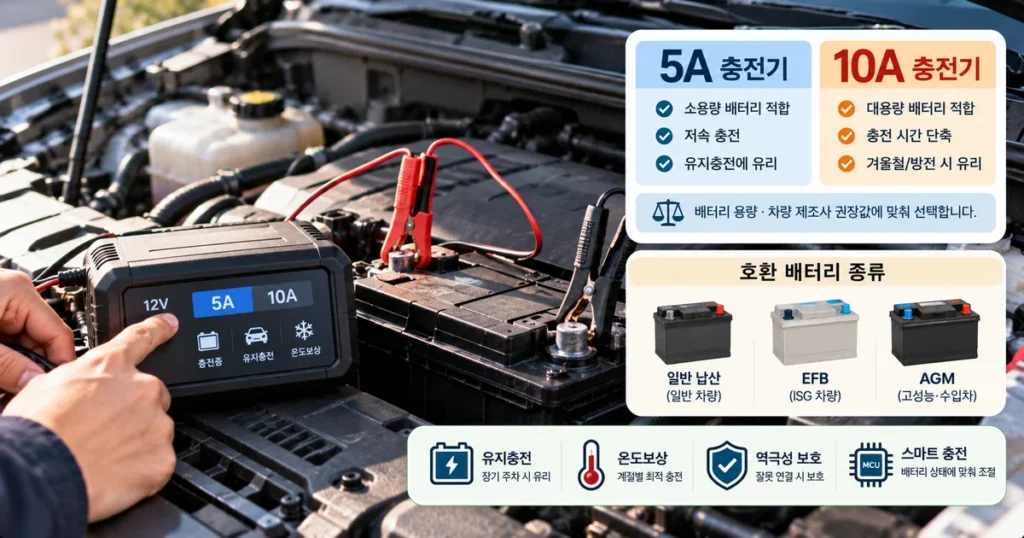 자동차 12V 배터리에 연결하는 5A와 10A 스마트 충전기의 충전전류와 AGM 모드를 비교하는 모습
