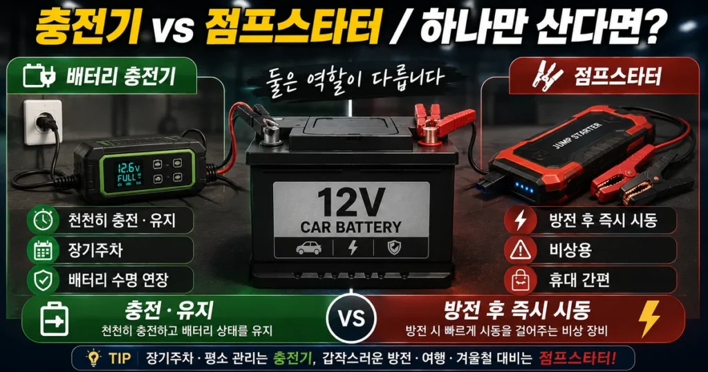 자동차 배터리 충전기와 점프스타터 충전 유지 및 방전 시동 역할 비교