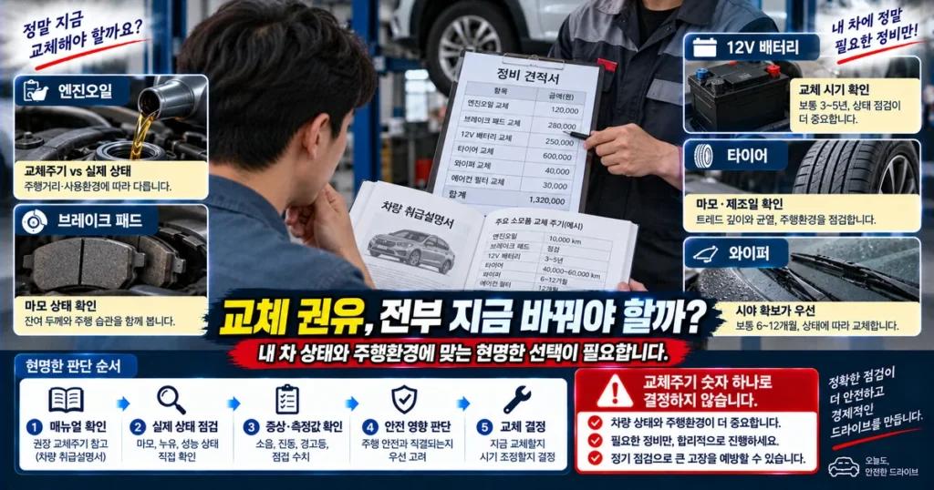 자동차 소모품 교체 권유 시 엔진오일 브레이크 패드 배터리 타이어 판단 기준