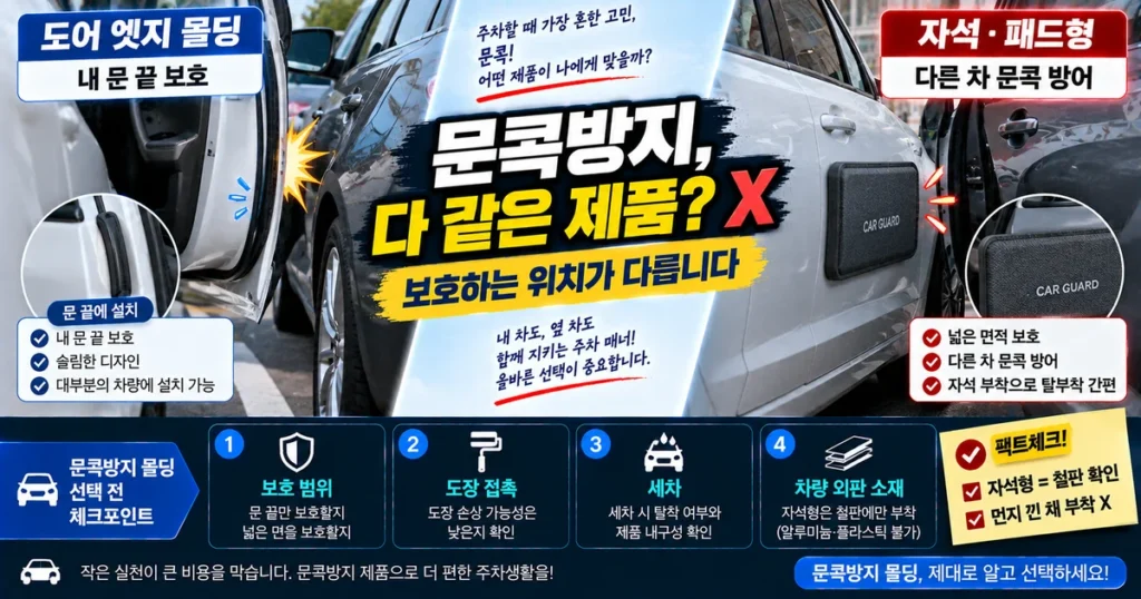 자동차 문콕방지 도어 엣지 몰딩과 자석형 도어가드의 보호 위치 및 도장면 관리 차이