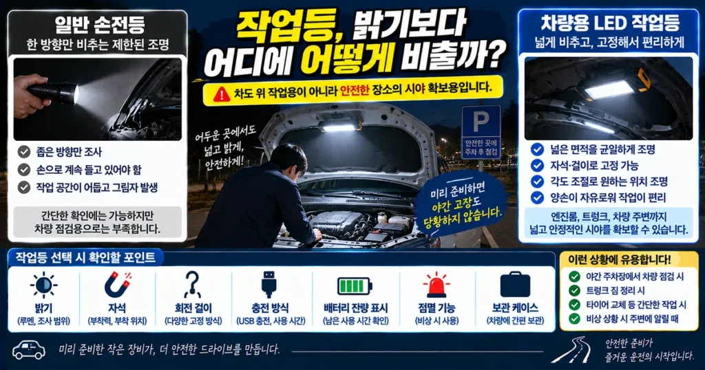 차량용 작업등과 손전등의 자석 고정 조사각 충전방식 비교