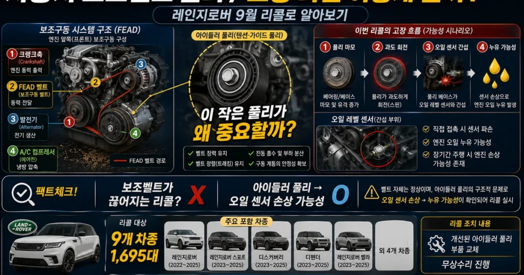 자동차 FEAD 보조벨트 아이들러 풀리 구조와 2026 레인지로버 리콜 원인