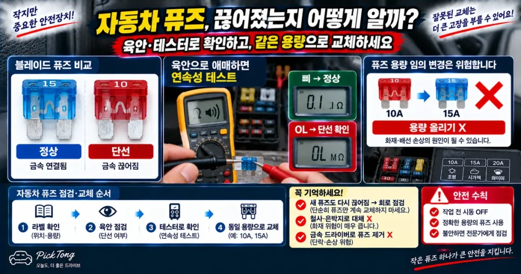 자동차 블레이드 퓨즈의 정상과 단선 상태를 비교하고 멀티미터 연속성 테스트로 확인하는 방법