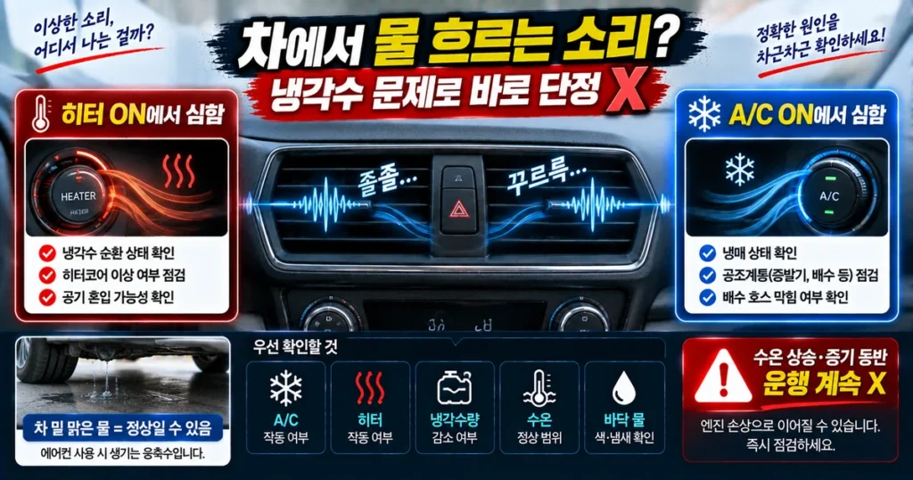자동차 대시보드에서 졸졸 물 흐르는 소리가 날 때 에어컨 냉매와 히터코어 냉각수 계통을 구분하는 방법