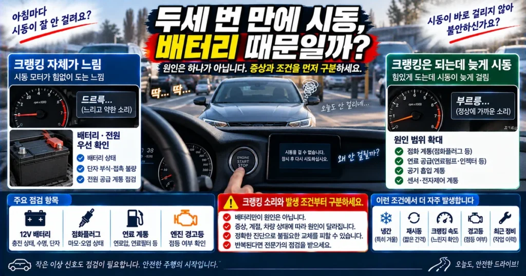 아침 자동차 시동 지연 시 크랭킹과 배터리 점화 연료계통 확인법