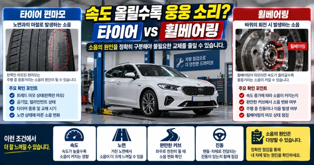 속도가 올라갈수록 발생하는 자동차 웅웅 소리의 원인인 타이어 편마모와 휠베어링을 비교한 이미지
