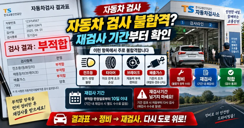 자동차 정기검사 불합격 후 전조등 타이어 브레이크 배출가스 정비와 재검사 절차