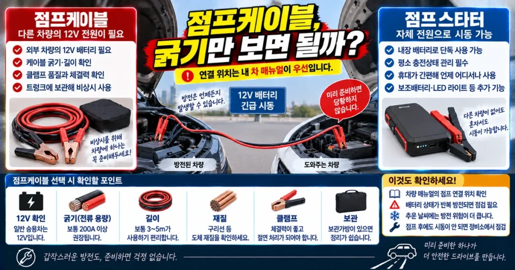 자동차 점프케이블 굵기 길이 클램프와 점프스타터 차이 비교