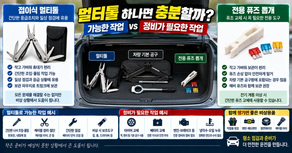 차량용 멀티툴과 자동차 기본 비상공구의 용도를 비교한 이미지
