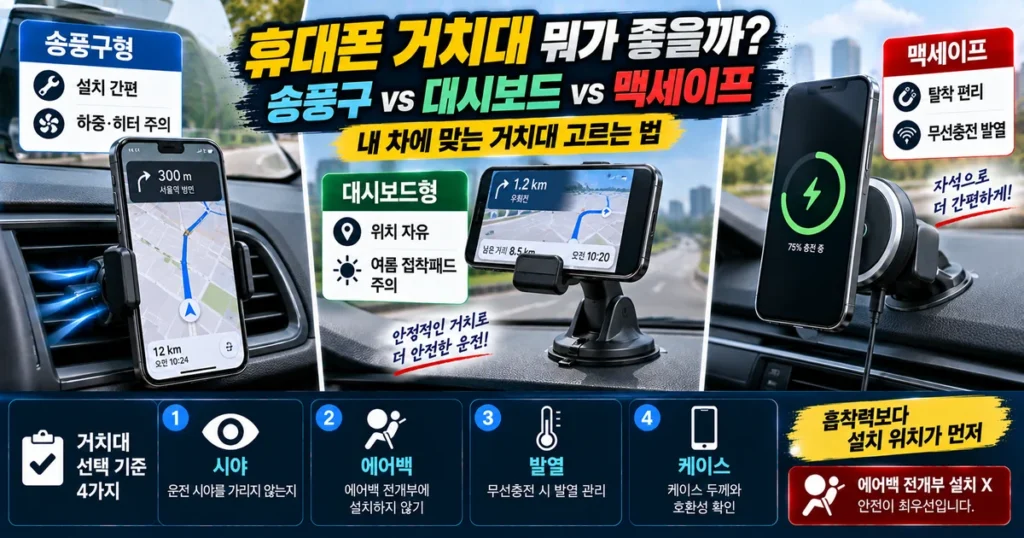 차량용 휴대폰 거치대 송풍구 대시보드 맥세이프 방식의 설치 위치 발열 시야 차이 비교