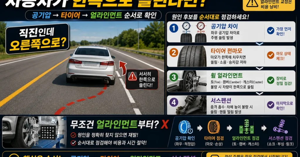 자동차 한쪽 쏠림 원인과 타이어 공기압 편마모 휠 얼라인먼트 점검 순서