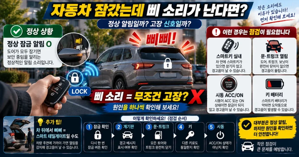 자동차 문 잠금 후 스마트키 경고음이 날 때 도어 트렁크 키 위치와 시동 상태 확인 방법