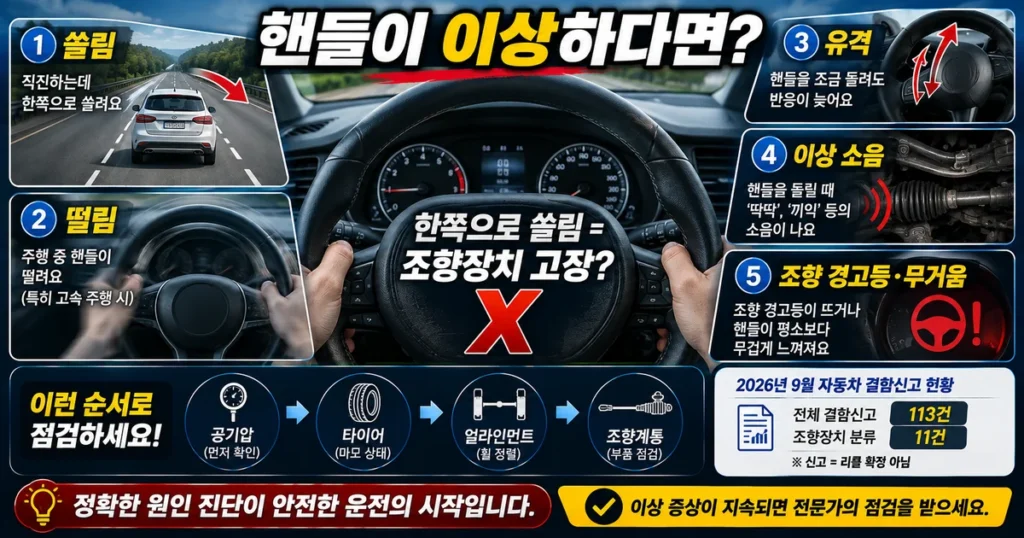 자동차 핸들 쏠림 유격 소음 조향 경고등과 조향장치 이상 증상 구분법