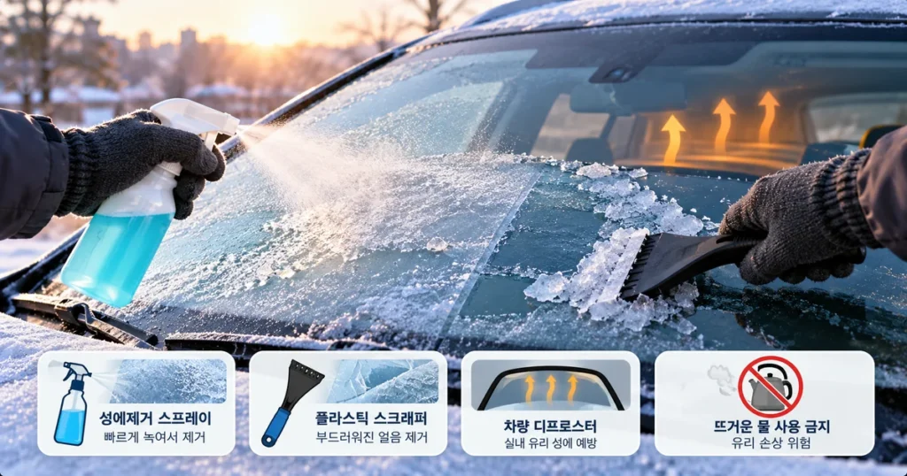 겨울철 자동차 앞유리 성에를 제거하기 위해 성에제거 스프레이와 플라스틱 스크래퍼를 사용하는 모습