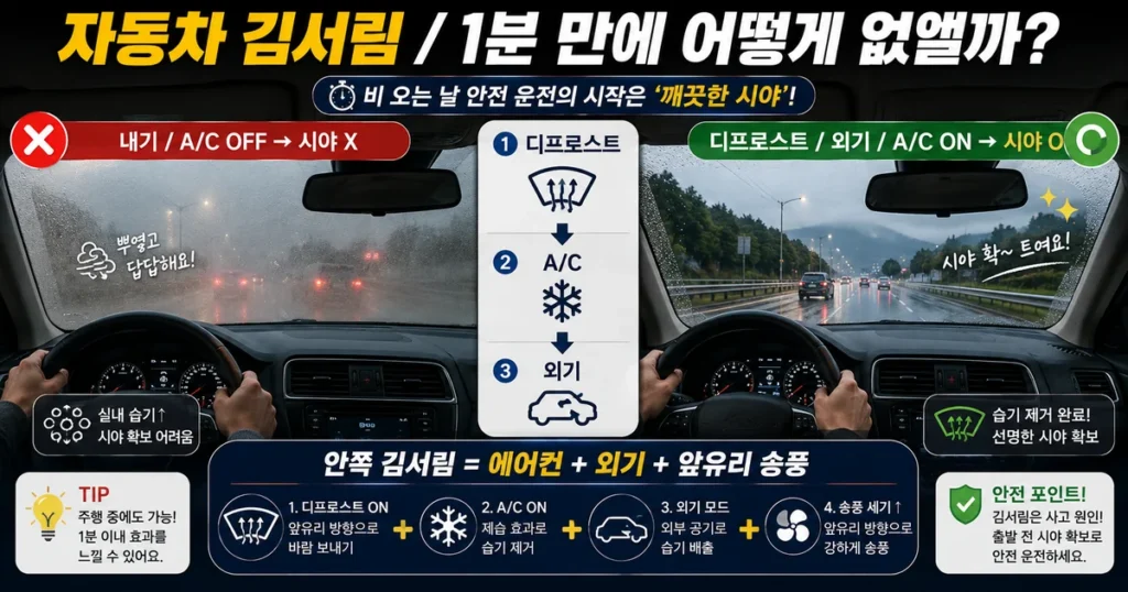 자동차 앞유리 안쪽 김서림 제거를 위한 디프로스트 에어컨 외기 사용법