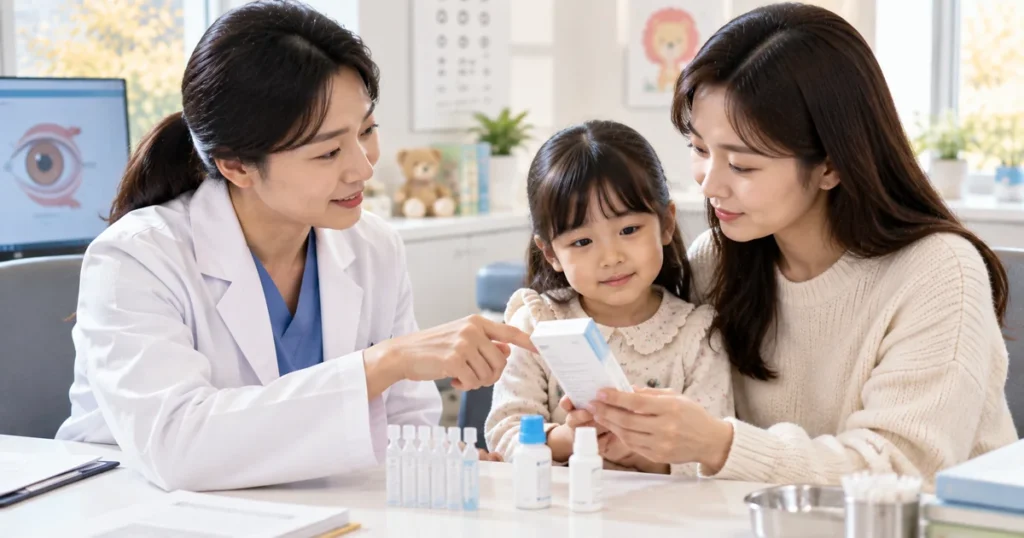 아이에게 사용할 인공눈물의 성분과 사용법을 의료진과 확인하는 보호자