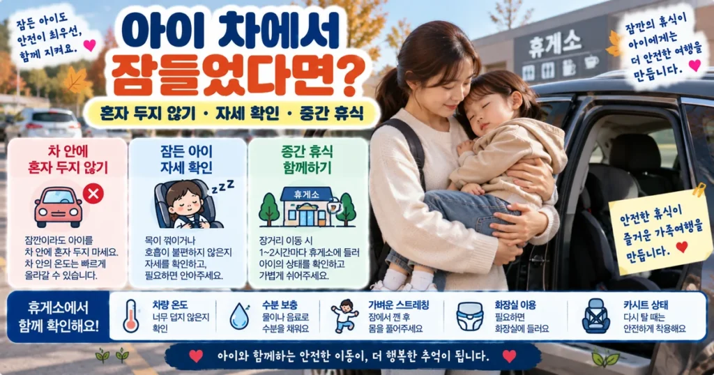 휴게소에서 잠든 아이를 카시트에서 데리고 나오는 보호자와 장거리 이동 안전수칙
