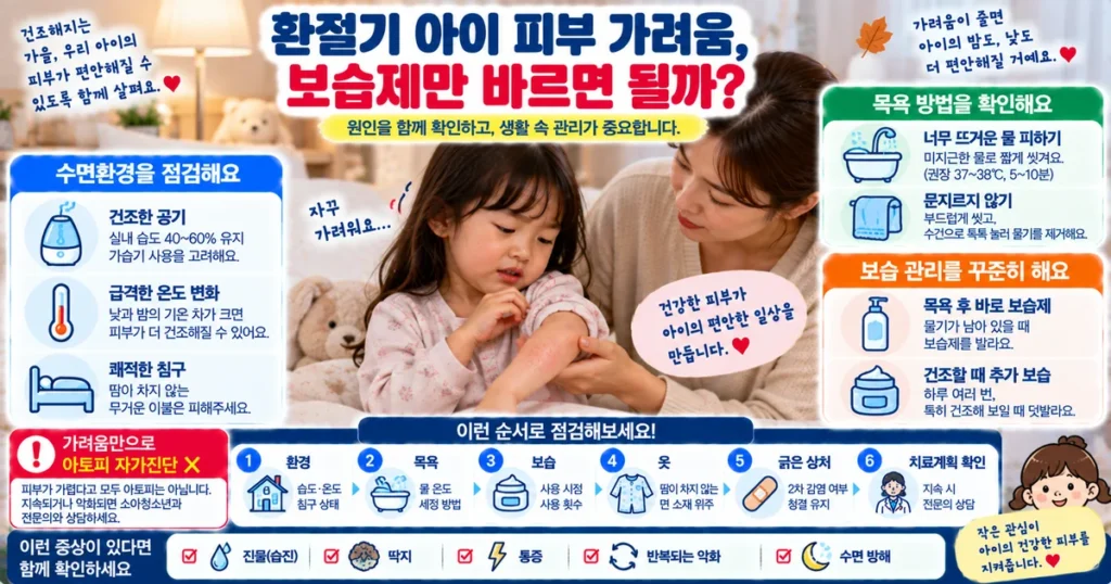 가을 환절기 아이 아토피 피부 가려움의 실내환경 목욕 보습 의복 관리법