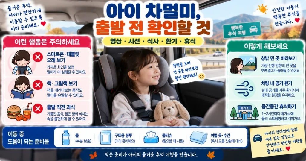 장거리 자동차 이동 중 아이 차멀미를 줄이기 위한 화면 시청 시선 환기 휴식 체크