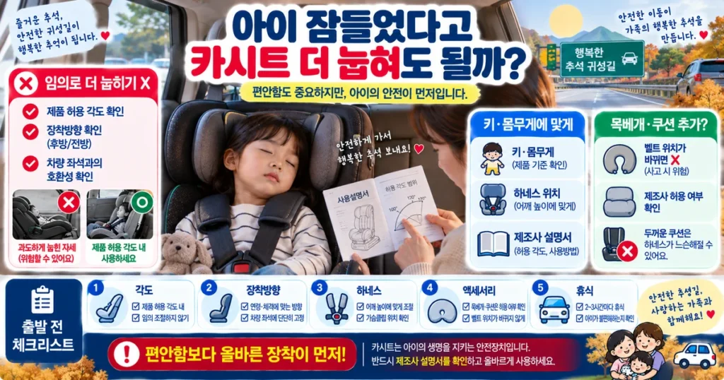 추석 장거리 이동 전 잠든 아이의 카시트 각도와 안전벨트 위치를 확인하는 모습