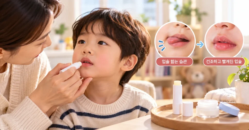 입술을 자주 핥아 건조하고 빨개진 아이에게 자극 적은 입술 보호제를 발라주는 모습