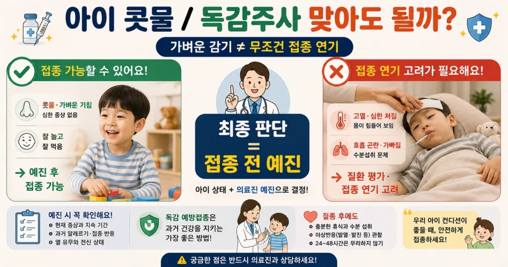 아이 콧물 감기 중 독감 예방접종 가능 여부와 접종을 미뤄야 하는 경우
