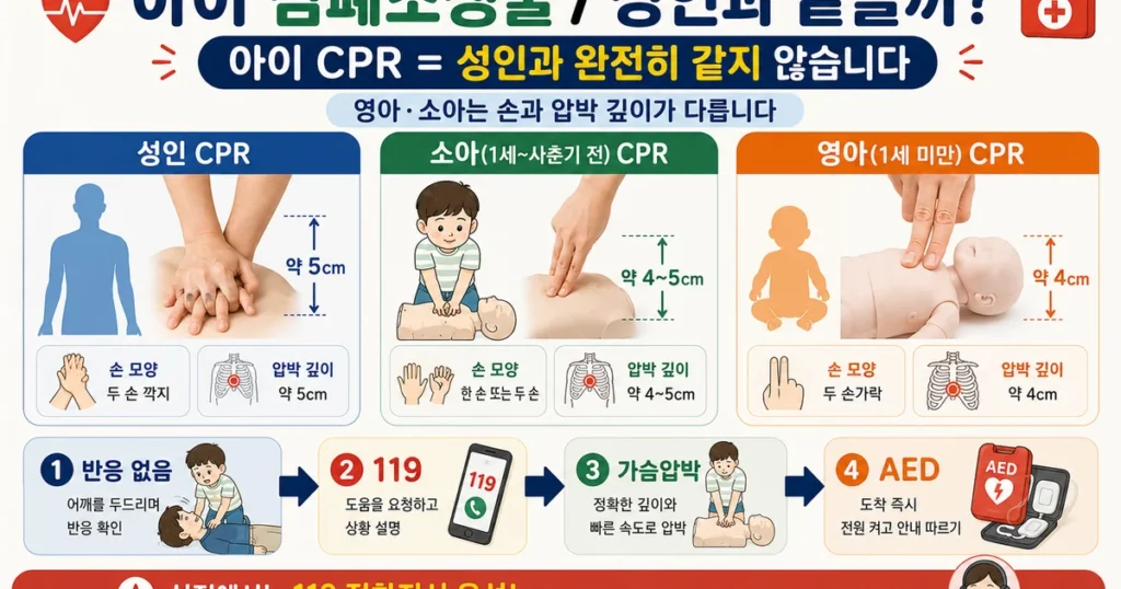 성인 소아 영아 심폐소생술 CPR 가슴압박 손 위치와 깊이 차이