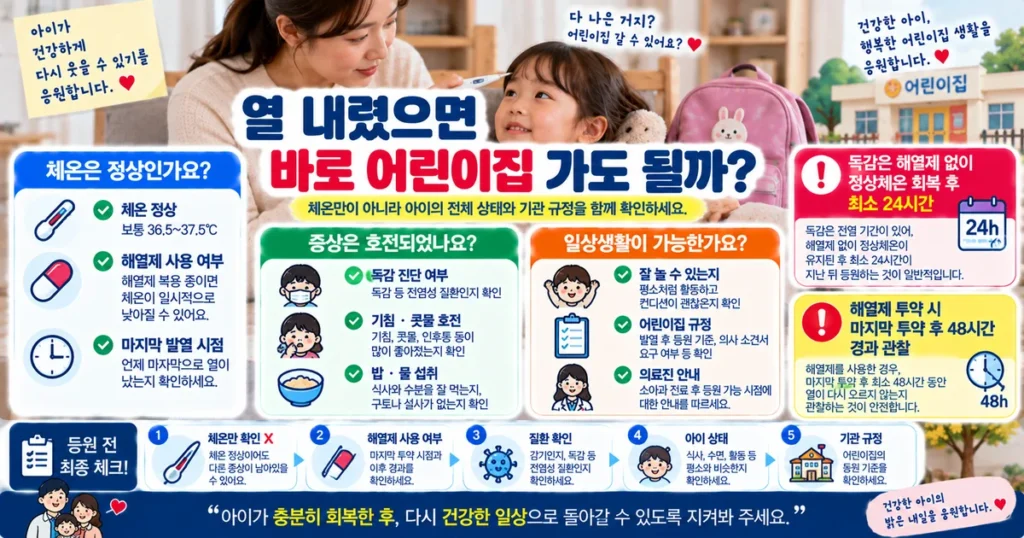 아이 열이 내린 뒤 어린이집 등원 전 체온 해열제 독감 증상과 활동상태를 확인하는 부모