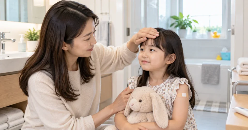 독감 예방접종을 마친 아이의 상태를 살피며 목욕 여부를 확인하는 보호자