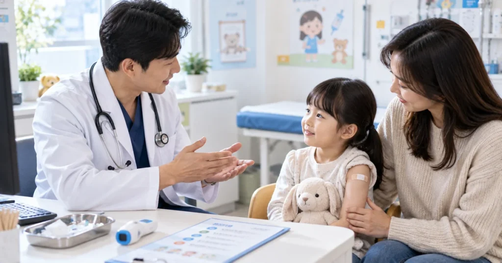 독감 예방접종 후 아이의 상태를 살피며 의료진에게 주의사항을 듣는 보호자