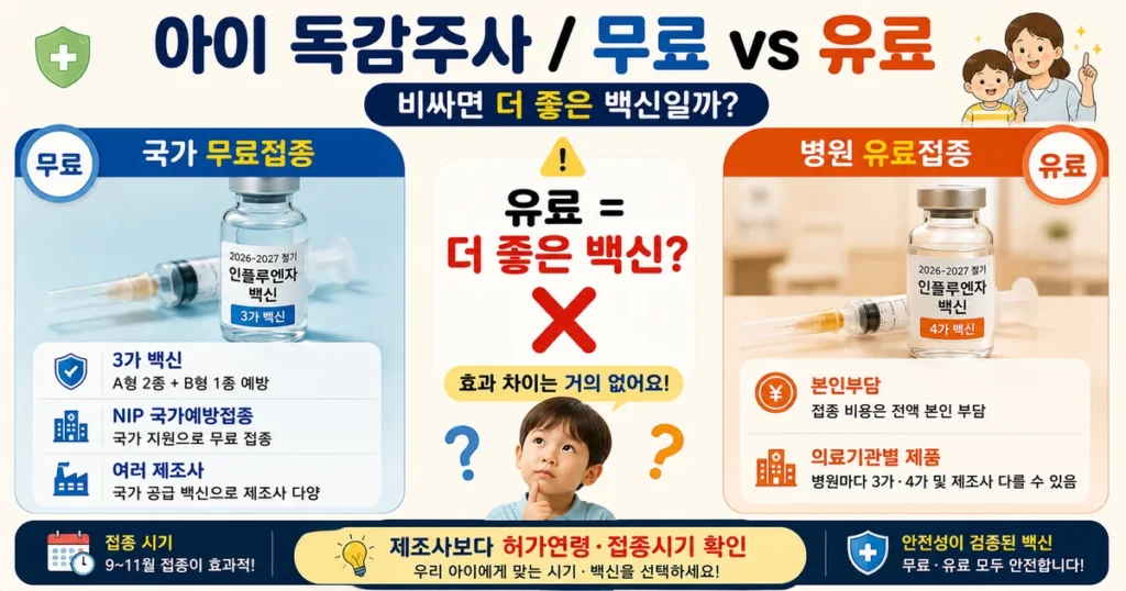 2026 어린이 독감 무료백신과 유료백신 3가 제조사 차이 비교