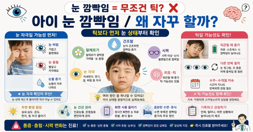5세 아이 눈 깜빡임 원인 건조함 알레르기 시력 문제 틱 비교
