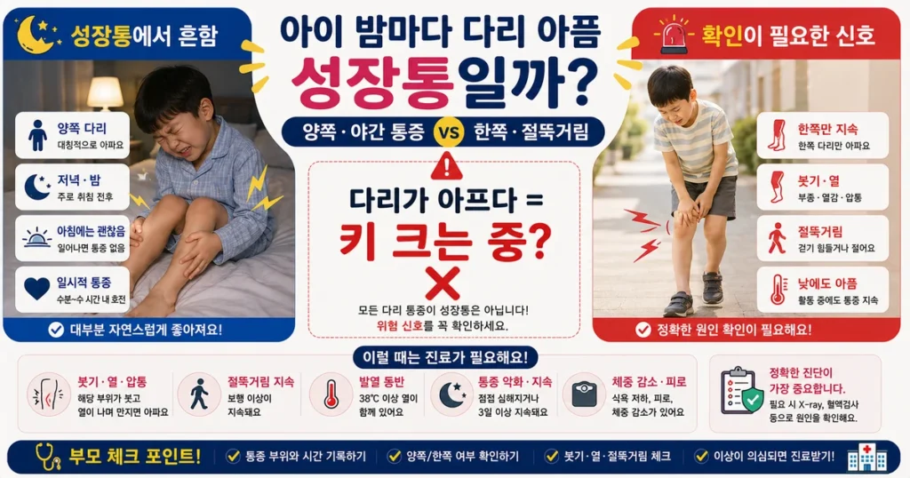 5세 아이 밤 다리 통증 성장통과 한쪽 통증 붓기 절뚝거림 비교