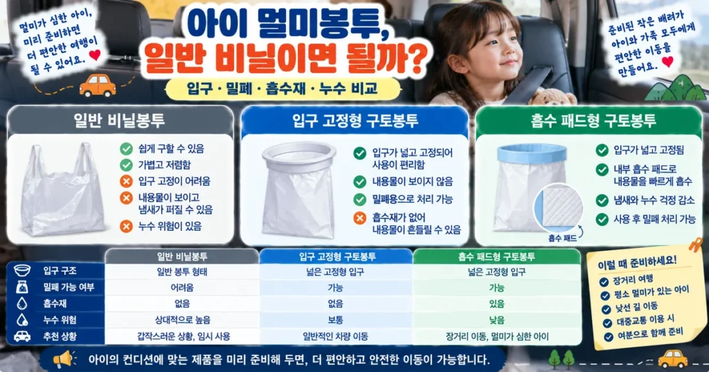 자동차 뒷좌석에서 사용할 일반 비닐봉투와 입구 고정형·흡수형 멀미봉투 비교