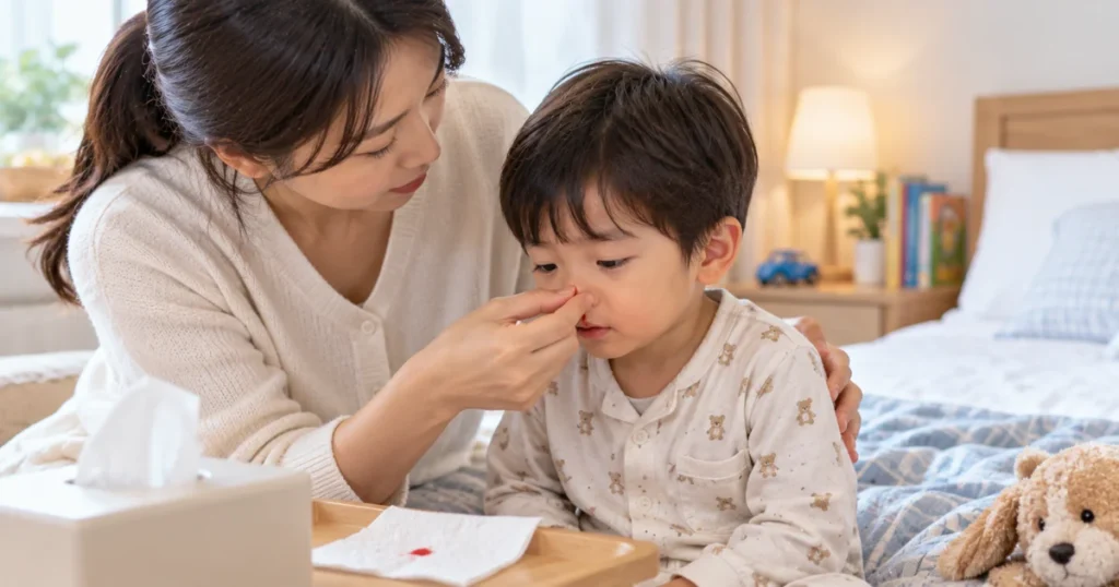 보호자가 밤에 코피가 난 아이를 앉혀 고개를 앞으로 숙이고 콧방울을 압박하는 모습