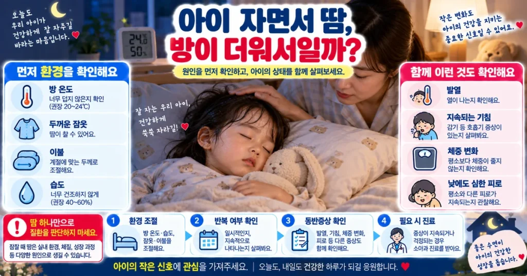 아이가 자면서 땀을 많이 흘릴 때 방 온도 침구 잠옷과 동반증상을 확인하는 모습