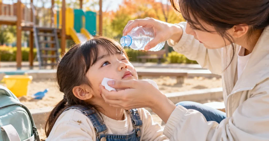 아이 눈에 모래가 들어간 뒤 비비지 않고 깨끗한 물로 씻어주는 모습