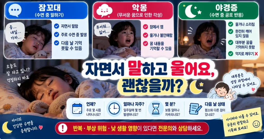 5세 아이 잠꼬대와 악몽 야경증 차이 및 부모가 확인할 수면 행동