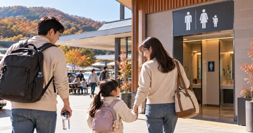 추석 장거리 여행 중 휴게소에서 아이와 화장실 이용을 준비하는 가족