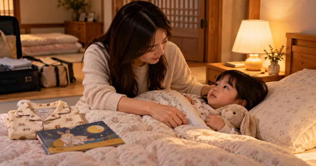 할머니 집에서 평소 취침 루틴에 맞춰 잠자리를 준비하는 아이와 부모