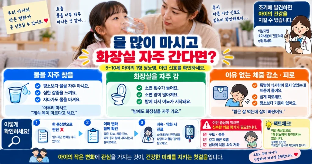아이 1형 당뇨 초기 증상인 심한 갈증 잦은 소변 체중 감소 피로 확인