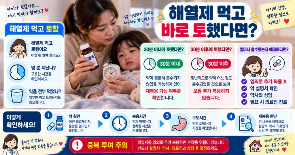 아이 해열제 먹고 토했을 때 재복용 전 확인해야 할 시간과 복용량